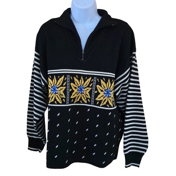 Demetre vintage 30% wool blend Black Knit Sweater Sunflower & Stripe cottagecore - Picture 1 of 9